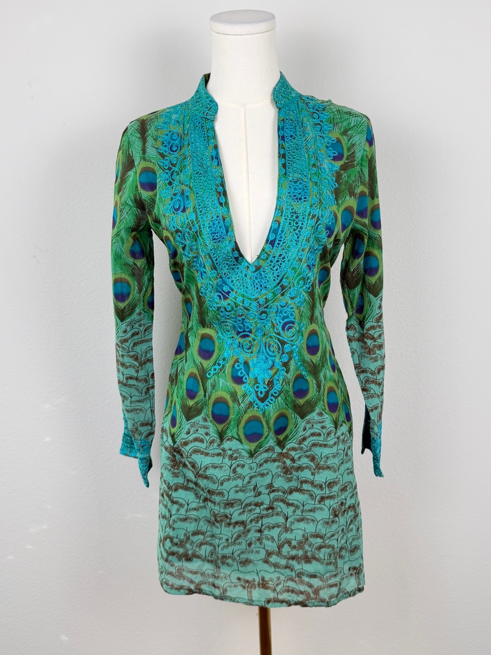 SOL Peacock Print Embellished Boho Tunic Mini Dress Coverup Small